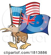 Poster, Art Print Of Kiwi Bird Holding New Zealand And Usa Flags