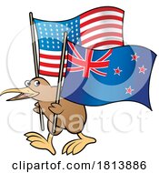Kiwi Bird Holding New Zealand And USA Flags