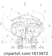 Children With An Umbrella In The Rain Licensed Cartoon Clipart