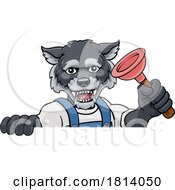 Wolf Plumber Cartoon Mascot Holding Plunger