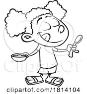 Poster, Art Print Of Cartoon Girl Enjoying Pudding Licensed Black And White Stock Image