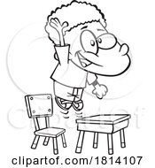 Poster, Art Print Of Cartoon Enthusiastic Boy Raising His Hand And Jumping At His Desk Licensed Black And White Stock Image