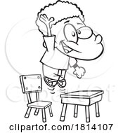 Cartoon Enthusiastic Boy Raising His Hand And Jumping At His Desk Licensed Black And White Stock Image
