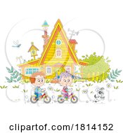 Poster, Art Print Of Cartoon Kids Riding Bikes In A Yard Licensed Stock Image