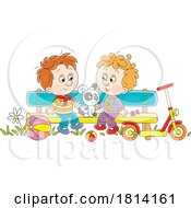 Poster, Art Print Of Cartoon Boys And Puppy On A Park Bench Licensed Stock Image