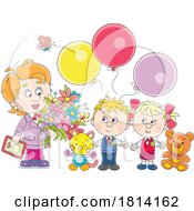 Poster, Art Print Of Cartoon Kids Gifting A Mom Or Teacher With Balloons And A Card Licensed Stock Image