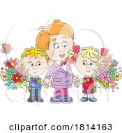 07/16/2024 - Cartoon Kids Gifting A Mom Or Teacher With Balloons And A Card Licensed Stock Image