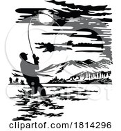 Poster, Art Print Of Angler Fly Fishing In Madison River Yellowstone National Park Montana Scherenschnitte Paper Cut Style