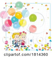 Poster, Art Print Of Cartoon School Children With Balloons And Autumn Leaves Over Graph Paper