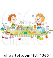 Poster, Art Print Of Cartoon Boys And Puppy Playing With A Toy Train