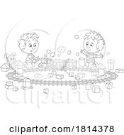 Poster, Art Print Of Cartoon Boys And Puppy Playing With A Toy Train