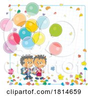 Poster, Art Print Of School Children With Balloons And Leaves Over Graph Paper Licensed Stock Image