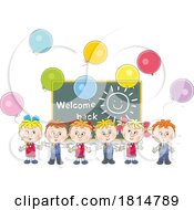 Cartoon Students With Balloons And Welcome Back Chalkboard Licensed Clipart