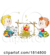 Cartoon Boys And Puppy Cooking On A Camp Fire Licensed Clipart