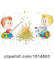 Cartoon Boys And Puppy At A Camp Fire Licensed Clipart