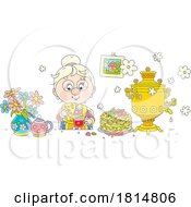 Cartoon Lady Eating Pancakes And Drinking Tea Licensed Clipart