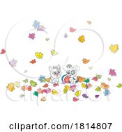 Cartoon Kitten And Puppy Playing In Autumn Leaves Licensed Clipart