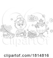 Cartoon Lady Eating Pancakes And Drinking Tea Licensed Clipart