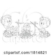 Cartoon Boys And Puppy Cooking On A Camp Fire Licensed Clipart