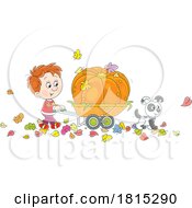 Cartoon Boy Pushing A Giant Pumpkin In A Wheelbarrow Clipart