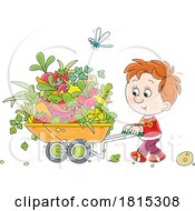 Cartoon Boy Pushing A Wheelbarrow Of Harvested Food Clipart