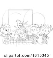 Cartoon Children Observing A Parrot Clipart