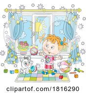 Cartoon Girl And Kitten Playing Inside Clipart