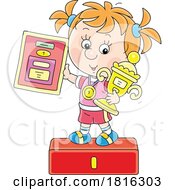 Cartoon Girl Holding A Trophy On A Podium Clipart