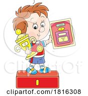 Cartoon Boy Holding A Trophy On A Podium Clipart