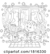 Poster, Art Print Of Cartoon Girl And Kitten Playing Inside Clipart