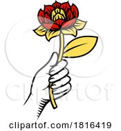 Poster, Art Print Of Hand Holding Flower Vintage Woodcut Tattoo Style