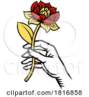 Hand Holding Flower Vintage Woodcut Tattoo Style