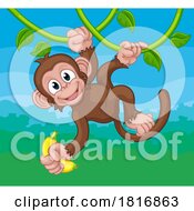 Poster, Art Print Of Monkey Singing On Jungle Vines With Banana Cartoon