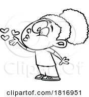 Cartoon Black And White Sweet Girl Blowing A Kiss Licensed Clipart