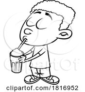 Cartoon Black And White Boy Enjoying A Milkshake Licensed Clipart