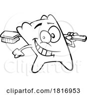 Cartoon Black And White Tooth Mascot Running With A Toothbrush Licensed Clipart