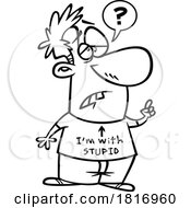 Cartoon Black And White Man Wearing A Funny Shirt And Asking A Stupid Question Licensed Clipart