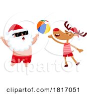 Poster, Art Print Of Cartoon Vacation Santa Claus And Reindeer Playing With A Beach Ball Licensed Clipart