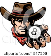 Cowboy Billiards Pool Mascot Holding Billiard Ball