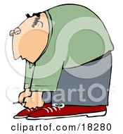 Bald White Man Bending Over To Tie His Shoe Laces