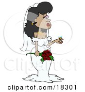 Stunning Latina Bride In Her Wedding Dress And Veil Holding A Bouquet Of Roses And Showing Off The Rock Of A Diamond Ring On Her Finger