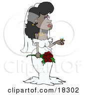 Stunning Black Bride In Her Wedding Dress And Veil Holding A Bouquet Of Roses And Showing Off The Rock Of A Diamond Ring On Her Finger