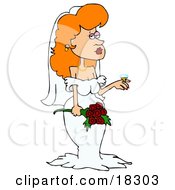 Clipart Illustration Of A Stunning White Redhead Bride In Her Wedding Dress And Veil Holding A Bouquet Of Roses And Showing Off The Rock Of A Diamond Ring On Her Finger