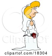 Pretty White Bride With Blond Hair Holding A Bouquet Of Red Roses And Posing In Her Veil Gloves And Wedding Dress