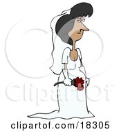 Clipart Illustration Of A Pretty Latina Bride Holding A Bouquet Of Red Roses And Posing In Her Veil Gloves And Wedding Dress