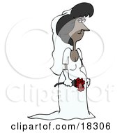 Pretty Black Bride Holding A Bouquet Of Red Roses And Posing In Her Veil Gloves And Wedding Dress