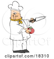 Clipart Illustration Of A White Male Chef In A Green Collared Chefs Jacket And White Hat Preparing To Slice A Tomato While Cooking In A Kitchen