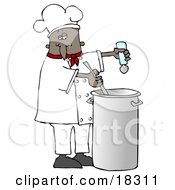 Poster, Art Print Of Black Male Chef In A Red Collared Chefs Jacket And White Chef Hat Seasoning Soup With A Salt Shaker And Stirring It While Cooking In A Kitchen