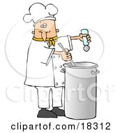 Clipart Illustration Of A White Male Chef In A Yellow Collared Chefs Jacket And White Chef Hat Seasoning Soup With A Salt Shaker And Stirring It While Cooking In A Kitchen