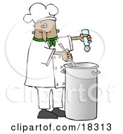 Poster, Art Print Of French Or Hispanic Male Chef In A Green Collared Chefs Jacket And White Chef Hat Seasoning Soup With A Salt Shaker And Stirring It While Cooking In A Kitchen